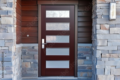 Polished chrome handle on wooden door with frosted glass insert.