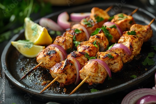 Indian chicken tikka served on a sizzling plate with onions and lemon wedges, vibrant spices