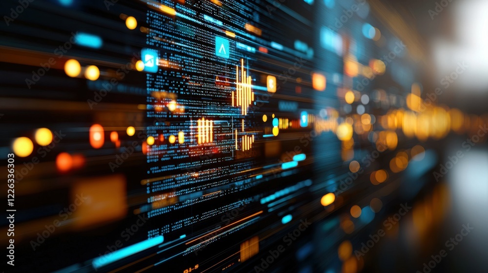 A digital programmer crafting cutting-edge apps with abstract code on futuristic screens. High-tech workspace highlights cyber security and innovation themes.