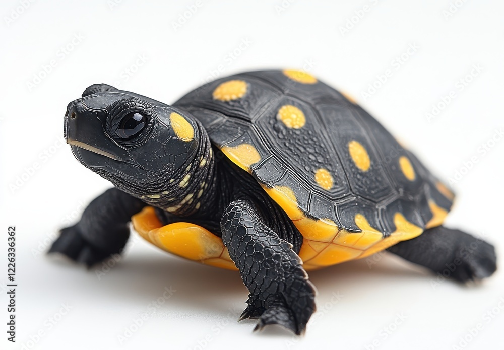 Obraz premium Close-Up View of a Yellow and Black Spotted Turtle Crawling on Smooth White Surface, Showcasing Its Unique Shell Patterns and Textures