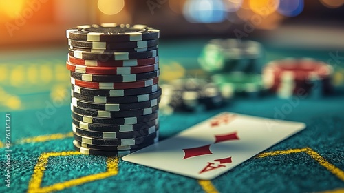 Casino Night: Stack of Poker Chips and Playing Card on Green Felt Table