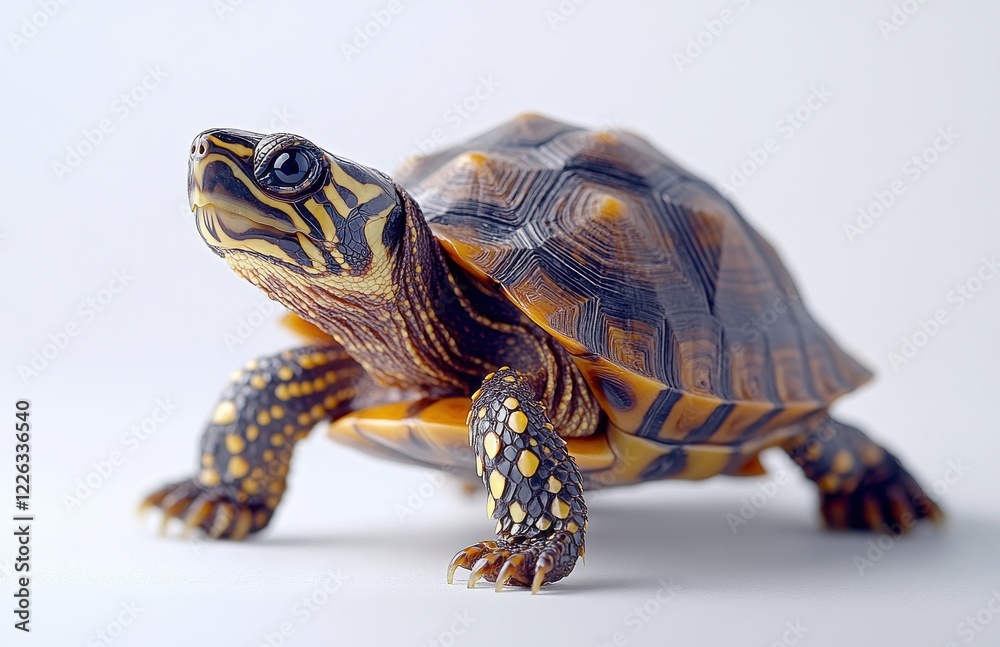 Obraz premium Close-Up View of Colorful Turtle Walking on Light Background with Detailed Texture and Unique Patterns Showcasing Nature's Artwork and Wildlife Beauty