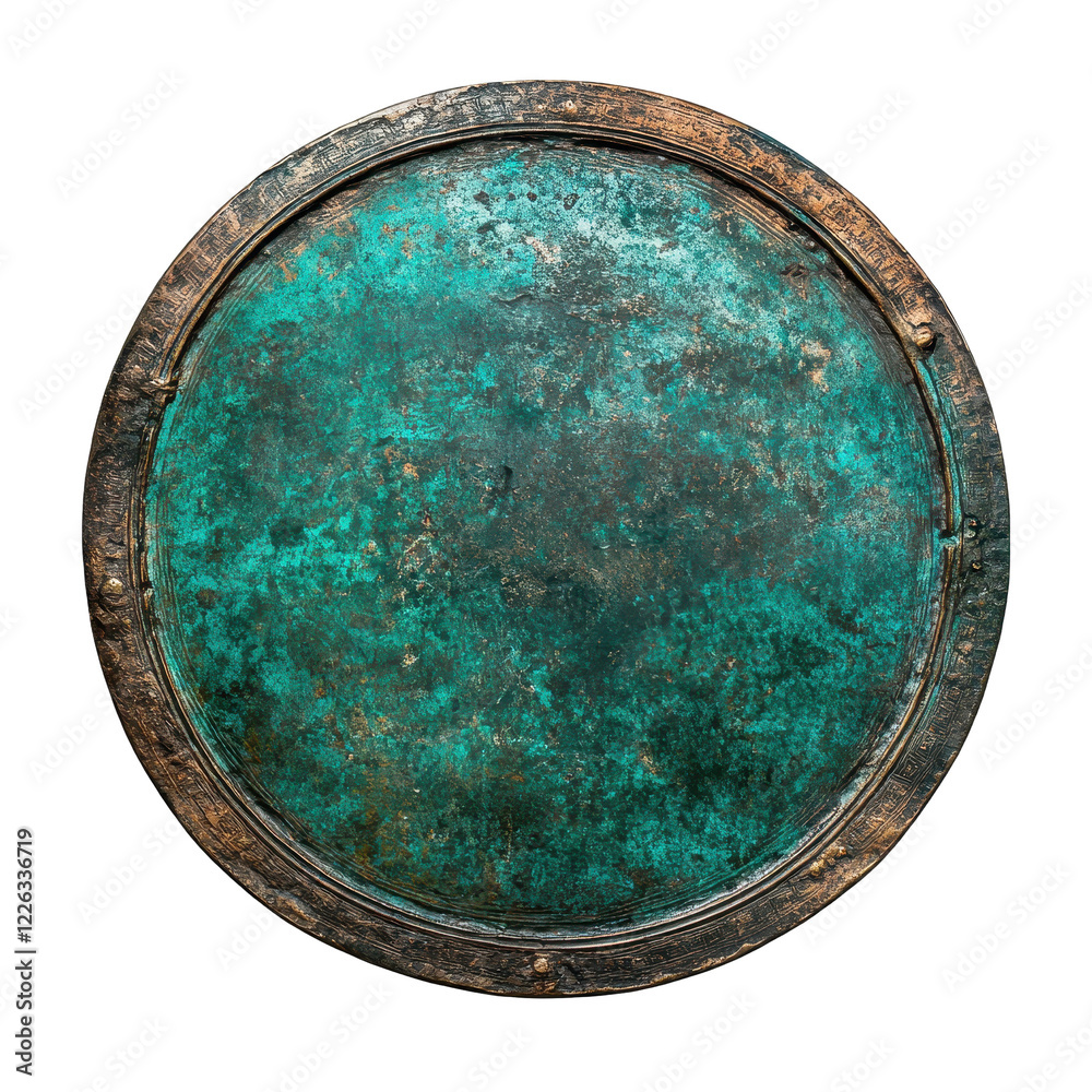 Fototapeta premium Ancient Bronze Mirror: A close-up shot of an antique, weathered bronze mirror, revealing intricate details and a captivating patina that speaks of history and craftsmanship.