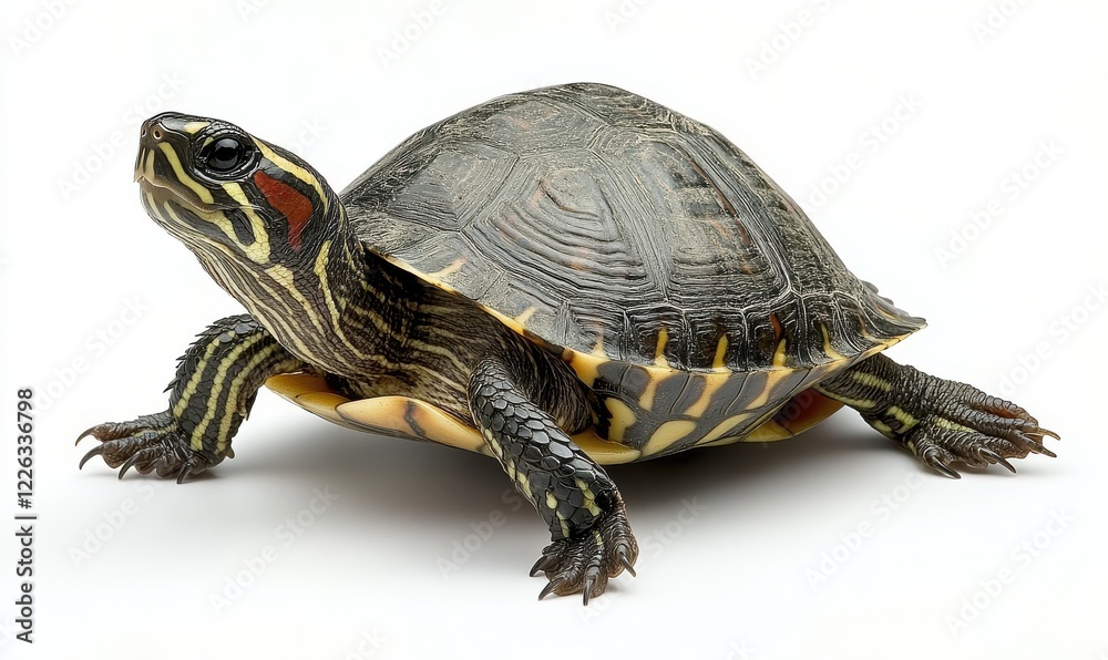 Colorful and Eye-Catching Turtle with Unique Shell Patterns and Detailed Textures on a White Background Colorful and Eye-Catching Turtle with Unique Shell Patterns and Detailed Textures on a White Background