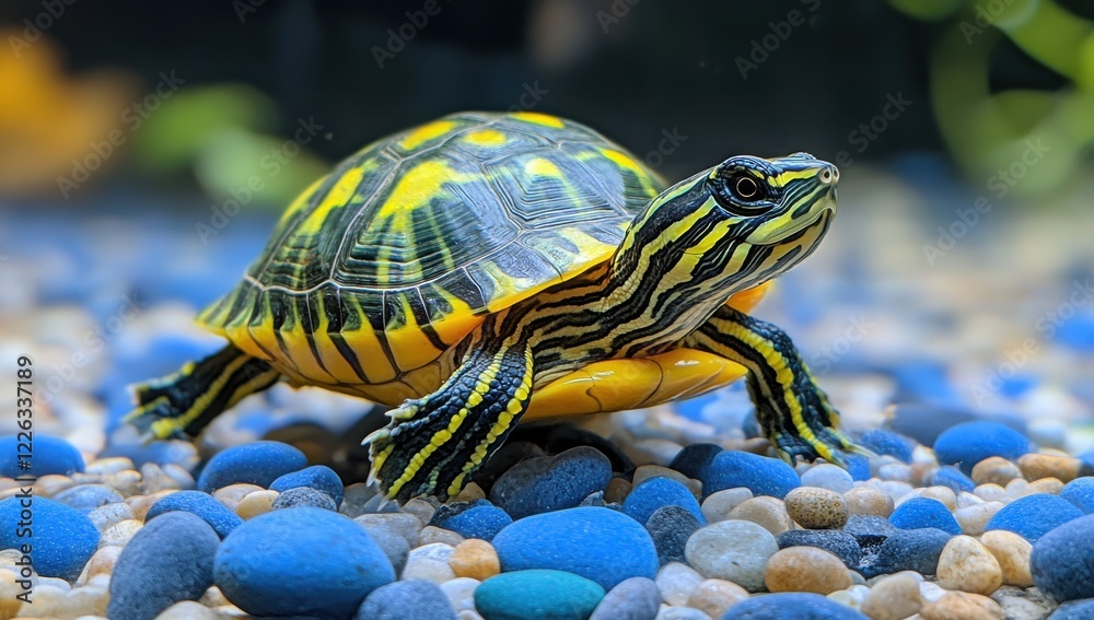 Colorful Eastern Painted Turtle Crawling Over Pebbles in Clear Water with Vibrant Yellow and Green Shell Patterns Colorful Eastern Painted Turtle Crawling Over Pebbles in Clear Water with Vibrant Yellow and Green Shell Patterns