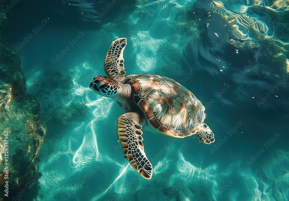 Fototapeta premium Colorful sea turtle swimming gracefully in clear turquoise water, exploring vibrant underwater world surrounded by rocky formations and gentle light reflections.