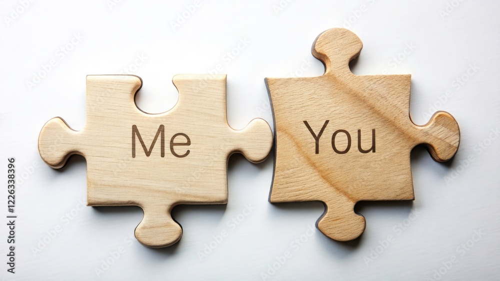 Two Joined Wooden Puzzle Pieces with 'Me & You' Text on White Background - Perfect for Relationships and Togetherness Themes Two Joined Wooden Puzzle Pieces with 'Me & You' Text on White Background - Perfect for Relationships and Togetherness Themes