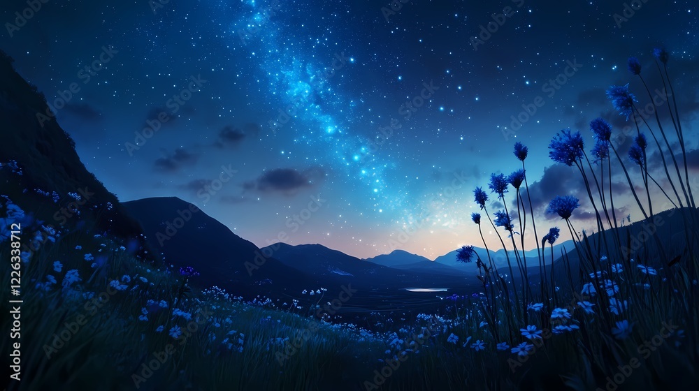 Fototapeta premium Night Sky Full of Stars Over Mountain Landscape with Blue Flowers