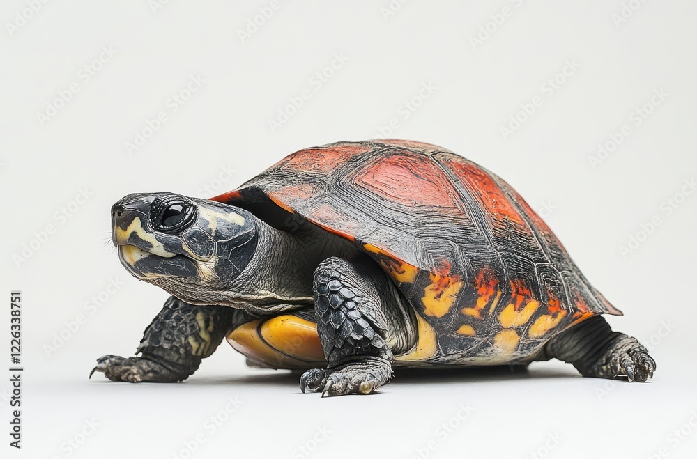 Obraz premium Colorful tortoise with intricate shell patterns on a neutral background showcasing the beauty of wildlife and nature in a studio setting