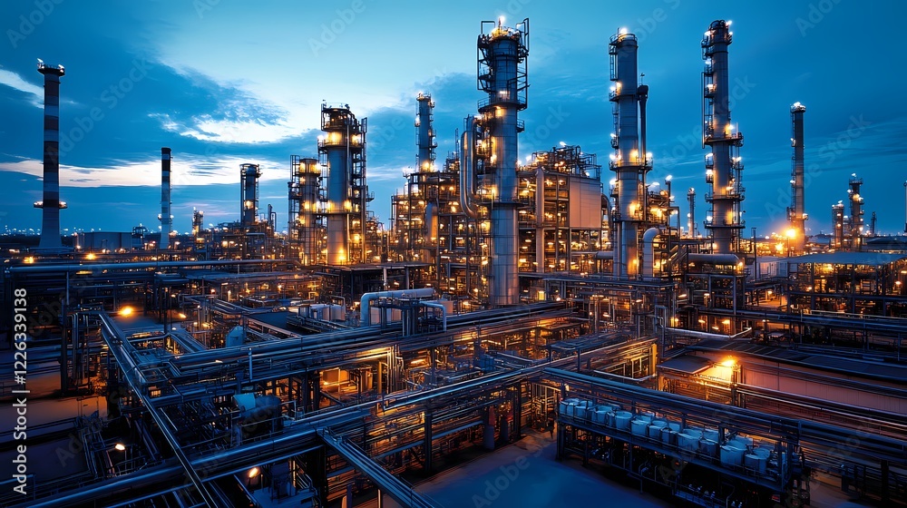 Fototapeta premium Nighttime View of Industrial Complex with Illuminated Structures