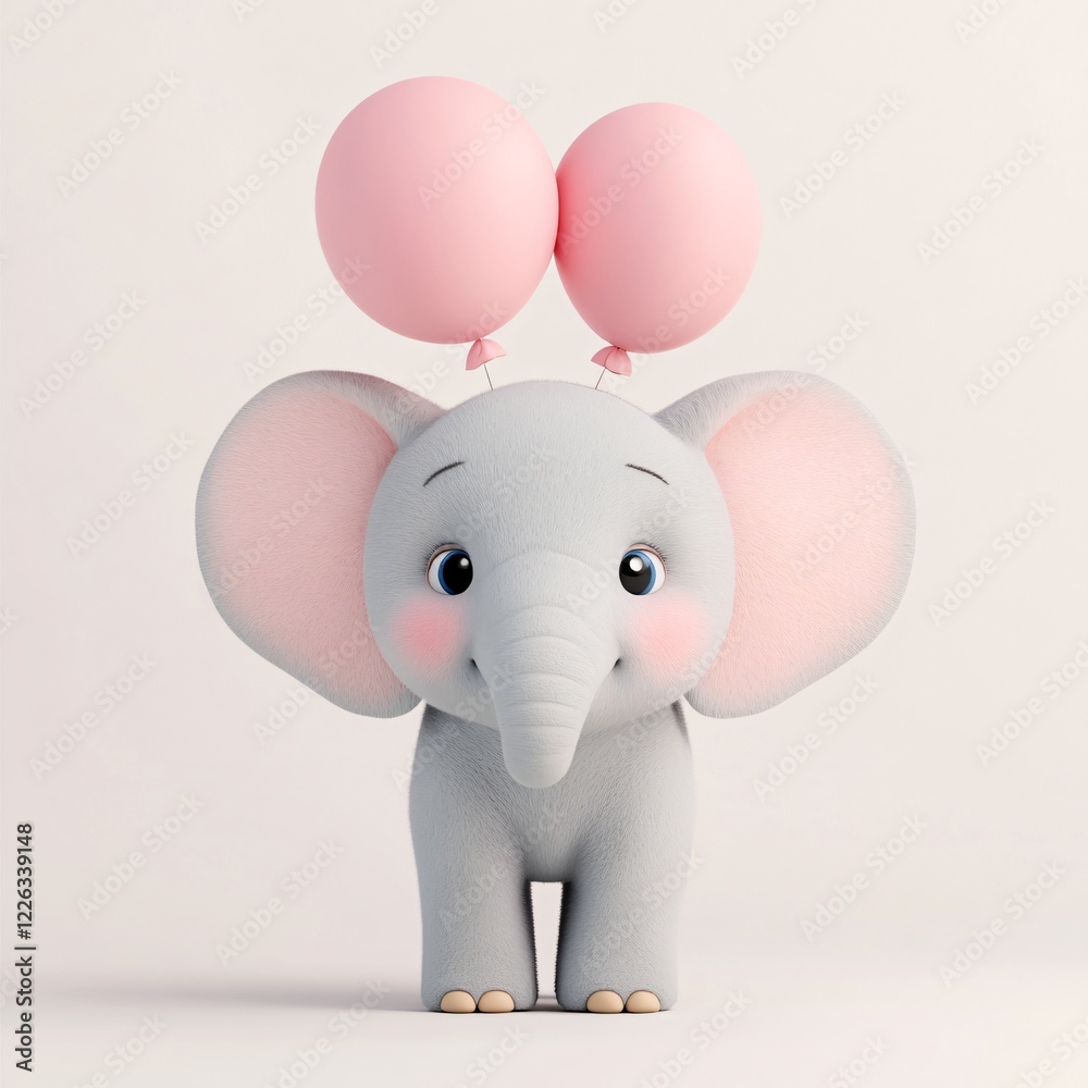 Adorable Baby Elephant with Pink Balloons Cute Cartoon Animal Illustration Nursery Decor Adorable Baby Elephant with Pink Balloons Cute Cartoon Animal Illustration Nursery Decor