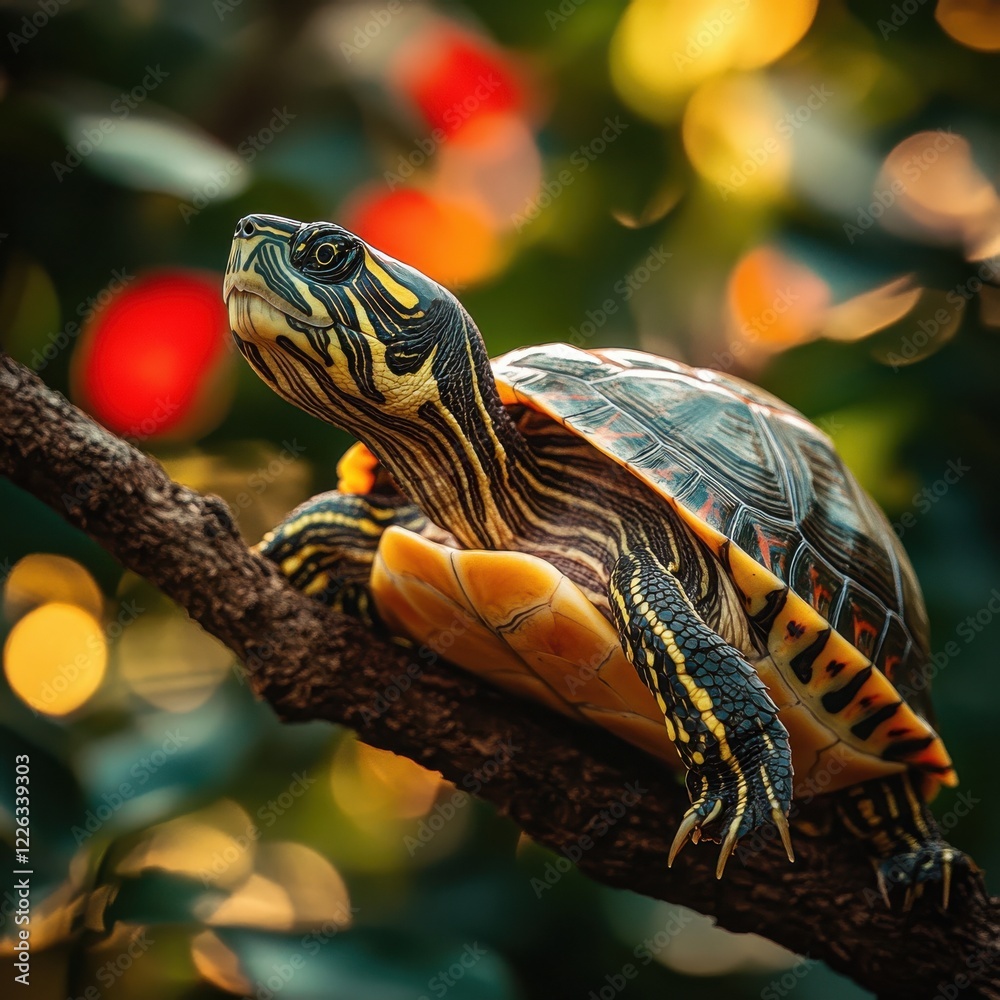 Obraz premium Colorful Turtle on a Branch Surrounded by Blurred Greenery and Bokeh Lights in a Vibrant Natural Environment