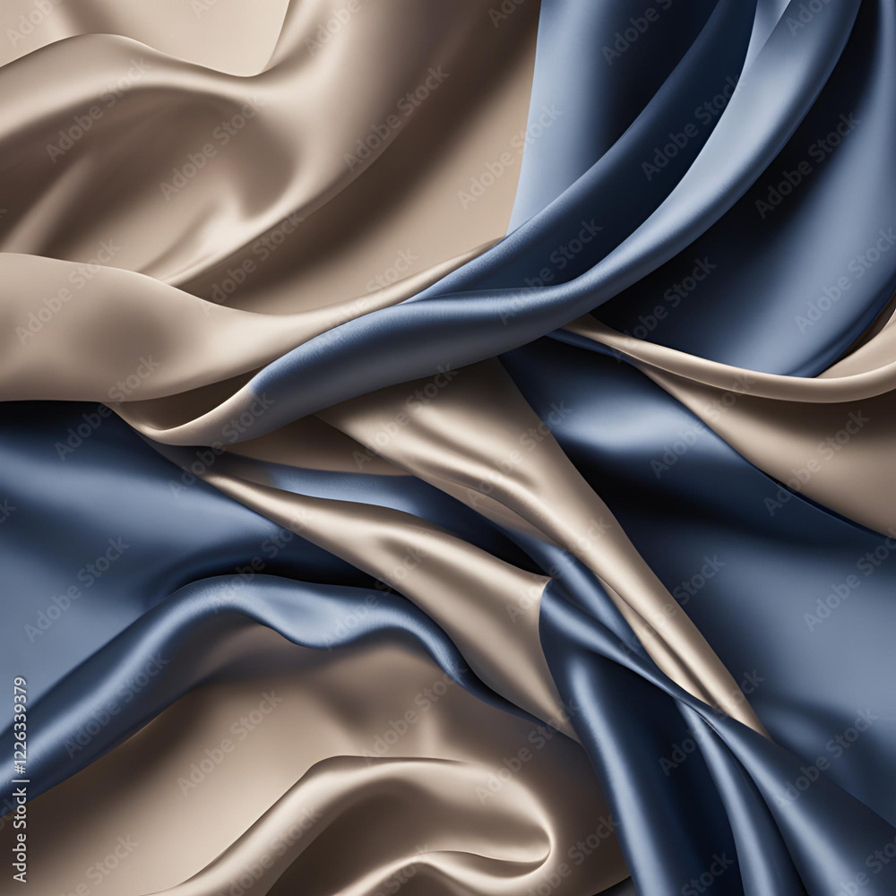 Obraz premium Luxurious beige and blue satin fabric with elegant, flowing folds. Silky, smooth, and glossy texture, ideal for fashion, backgrounds, and interior design.