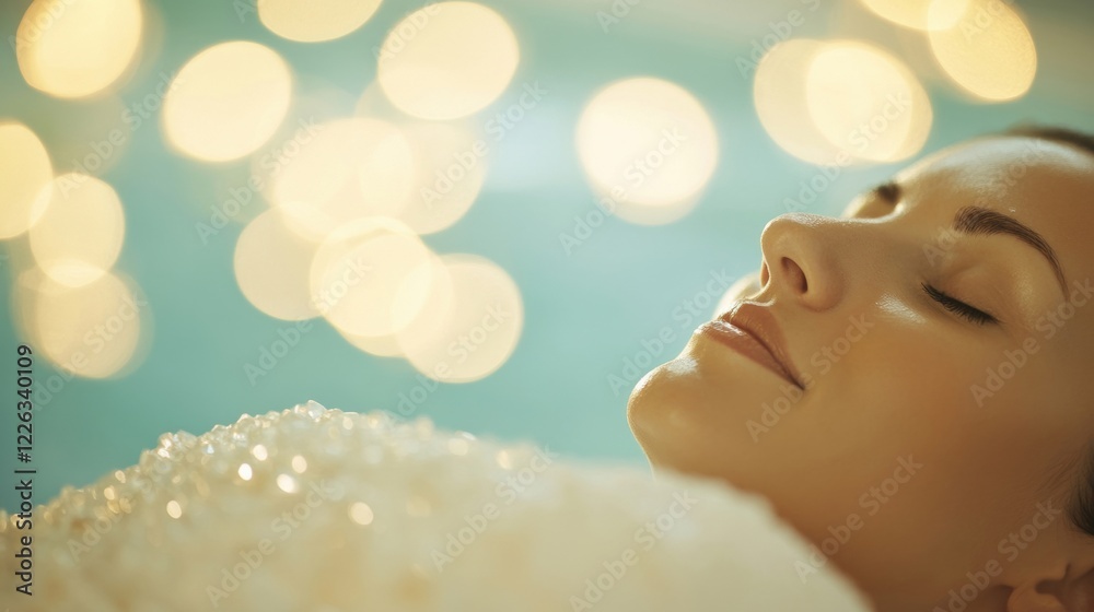 Fototapeta premium Woman reclines peacefully during a spa session, surrounded by soothing bubbles and warm ambient light, promoting relaxation and tranquility