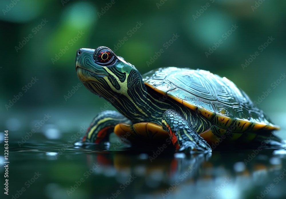 Obraz premium Colorful turtle resting on water with intricate shell patterns, vibrant colors, and serene background showcasing nature's beauty and tranquility in a calm environment