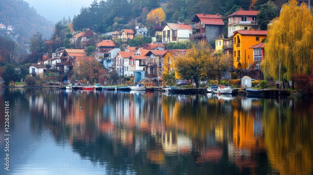 Colorful Houses Line Lakeside Village Autumn Scene Colorful Houses Line Lakeside Village Autumn Scene