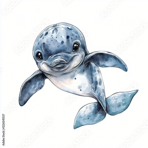 Adorable Watercolor Baby Dolphin Illustration Aquatic Mammal Ocean Wildlife Cute Sea Creature photo