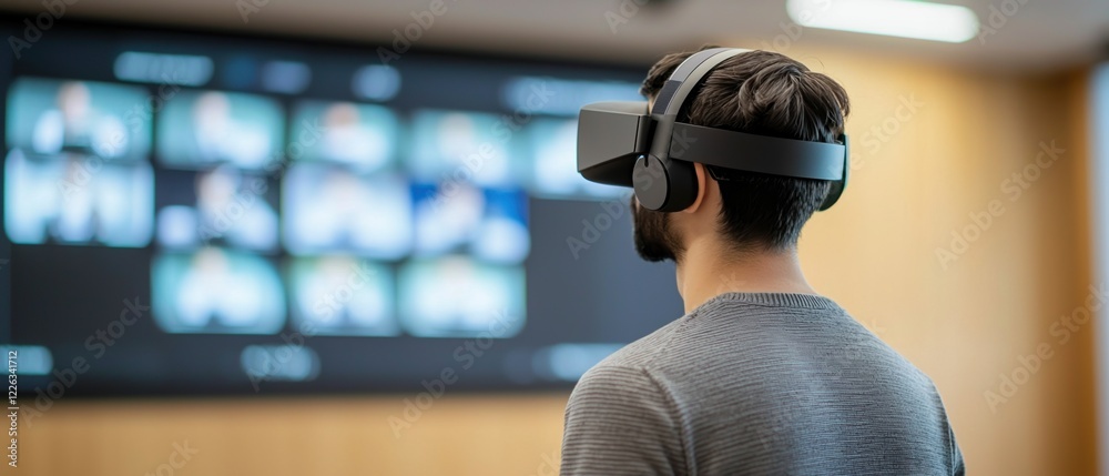 AI-Assisted Education Concepts. Person using virtual reality headset in a meeting room setting AI-Assisted Education Concepts. Person using virtual reality headset in a meeting room setting