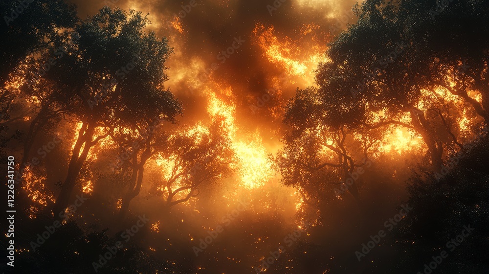 Naklejka premium Forest fire spreading through trees, intense flames and smoke, dramatic atmosphere