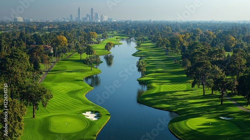 Aerial View of a Stunning Golf Course Beside a Serene Lake with City Skyline in the Background