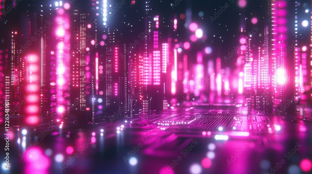 Fototapeta premium High-tech AI chipset embedded in a futuristic circuit board, illuminated by neon lights and surrounded by complex digital pathways.