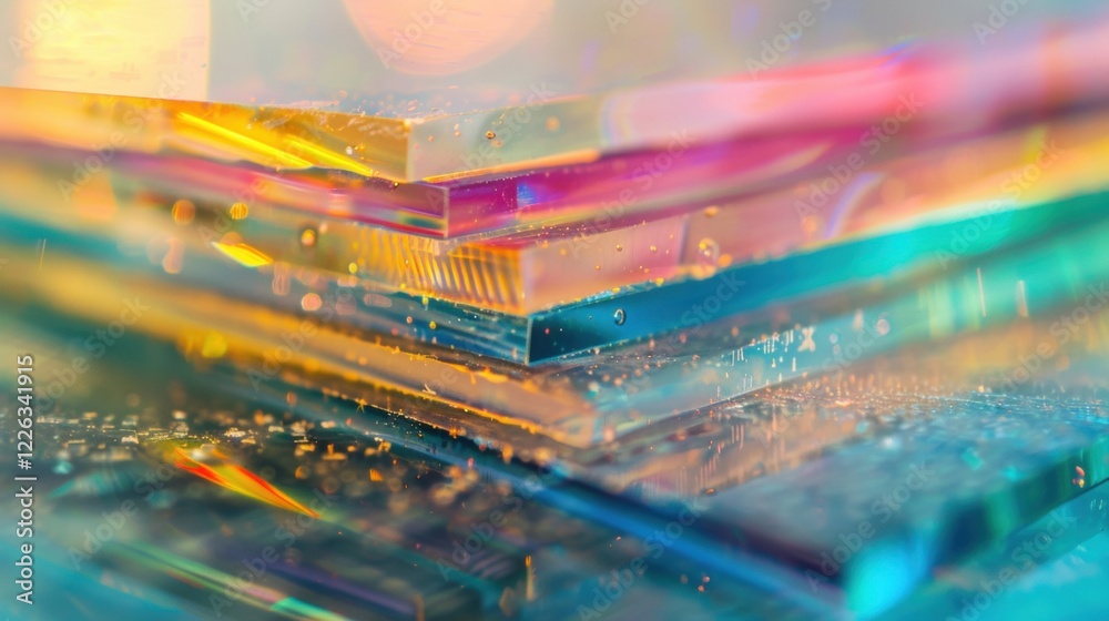 Obraz premium A stack of colorful acrylic sheets showcases vibrant hues and textures, reflecting light beautifully in a creative display