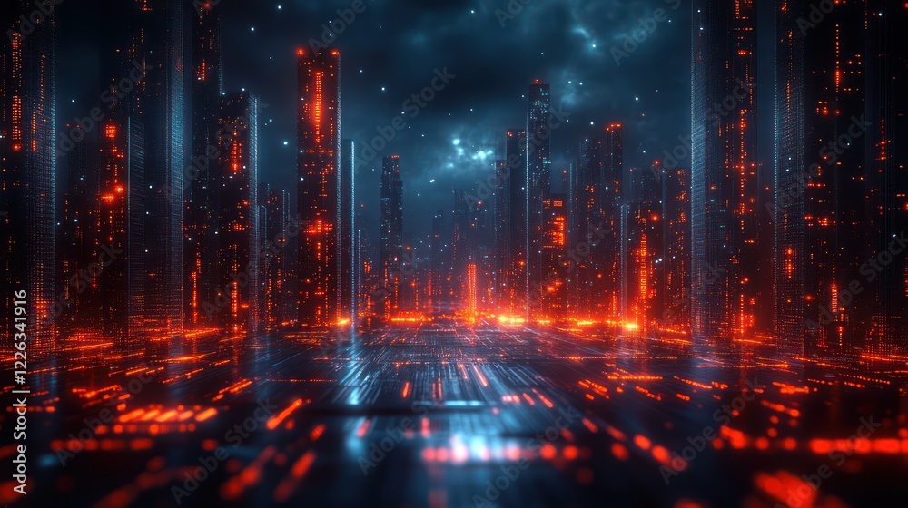 Naklejka premium Cyberpunk Cityscape: Neon Nightscape of a Futuristic Metropolis