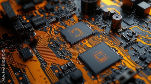 Vibrant artificial intelligence chipset on an advanced circuit board, radiating energy and innovation in a futuristic technology-themed background.