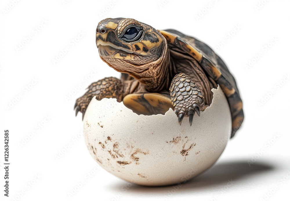 Naklejka premium Cute Baby Turtle Emerging from Egg on White Background, Symbolizing New Life and Nature's Wonders in a Sweet and Captivating Scene