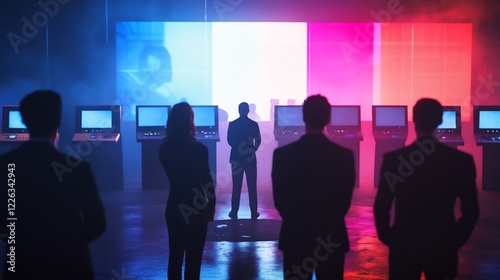 Silhouettes of Figures in a Futuristic Room with Large Screens