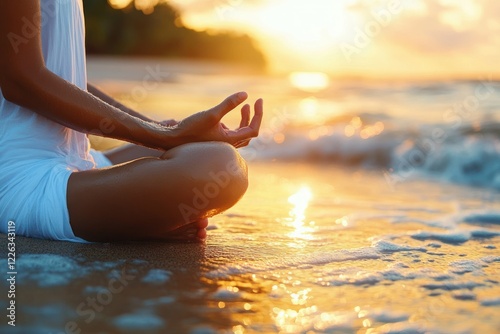 Meditating Woman in Lotus Pose on Serene Beach at Sunset photo