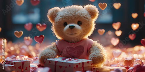 Heartwarming teddy bear surrounded by love hearts and gifts cozy indoor setting soft toy imagery warm and inviting atmosphere