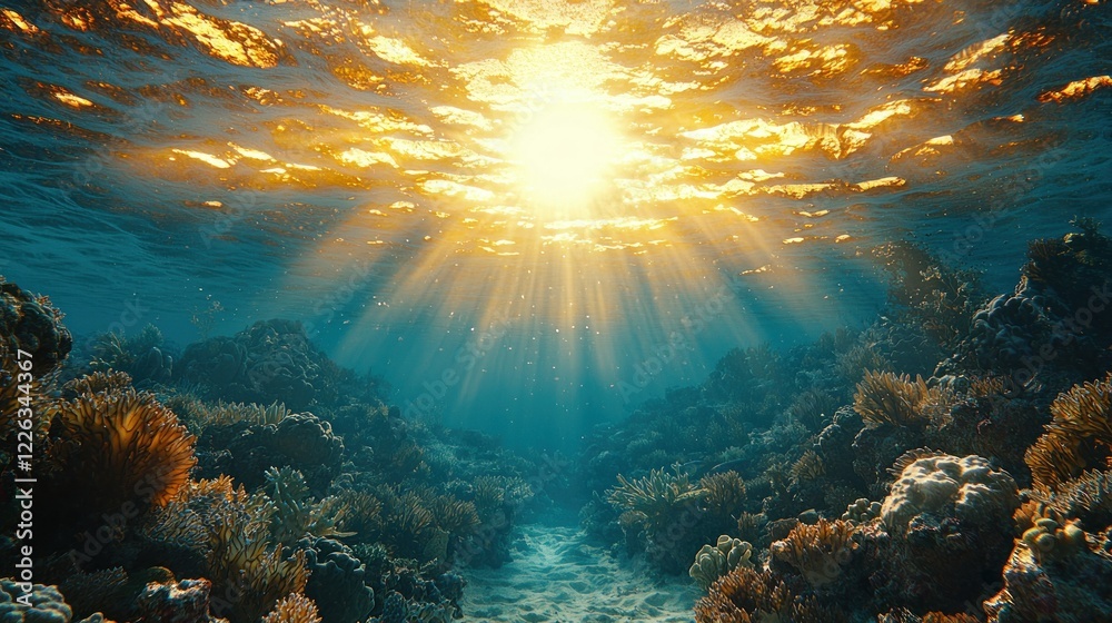 Fototapeta premium Radiant Underwater Coral Reef: A Sunlit Ocean Scene