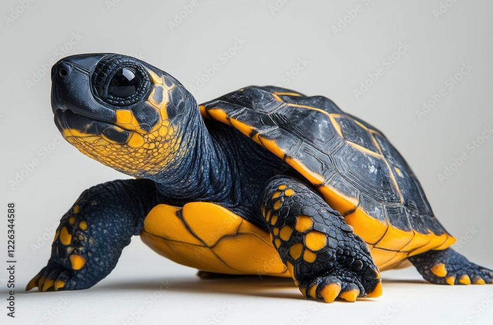 Obraz premium Detailed Close-Up of a Vibrant Black and Yellow Turtle with Glossy Shell and Intricate Patterns Set Against Clean Light Background