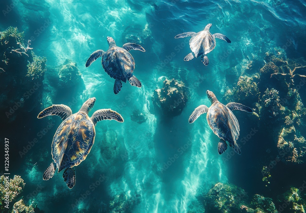 Fototapeta premium Four Majestic Sea Turtles Gracefully Swimming Over Colorful Coral Reefs in Crystal Clear Tropical Waters Under Bright Sunlit Sky