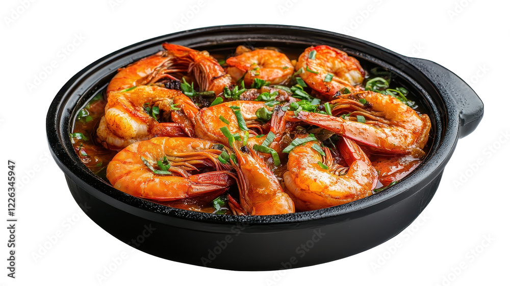 Fototapeta premium Delicious shrimp dish in black ceramic bowl. transparent background