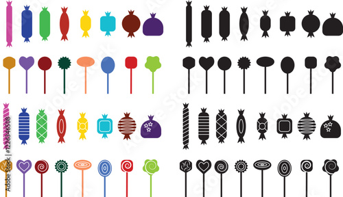 Sweets and candy icon set. Chocolate bars, caramel, toffee and lollipop on sticks, marmalade bears. Confectionery shop elements for birthday kids present cartoon flat isolated vector collection.