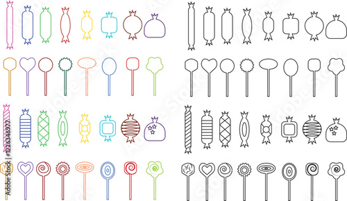 Sweets and candy icon set. Chocolate bars, caramel, toffee and lollipop on sticks, marmalade bears. Confectionery shop elements for birthday kids present cartoon flat isolated vector collection.