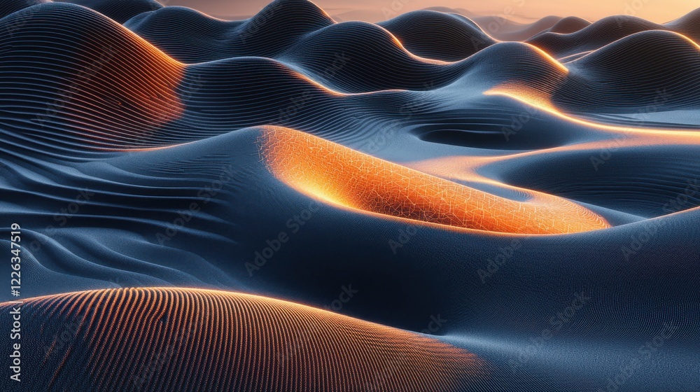 Fototapeta premium Futuristic digital landscape with gradient blue tones, flowing waveforms, and glowing connections, perfect for computer networks and tech-themed designs.