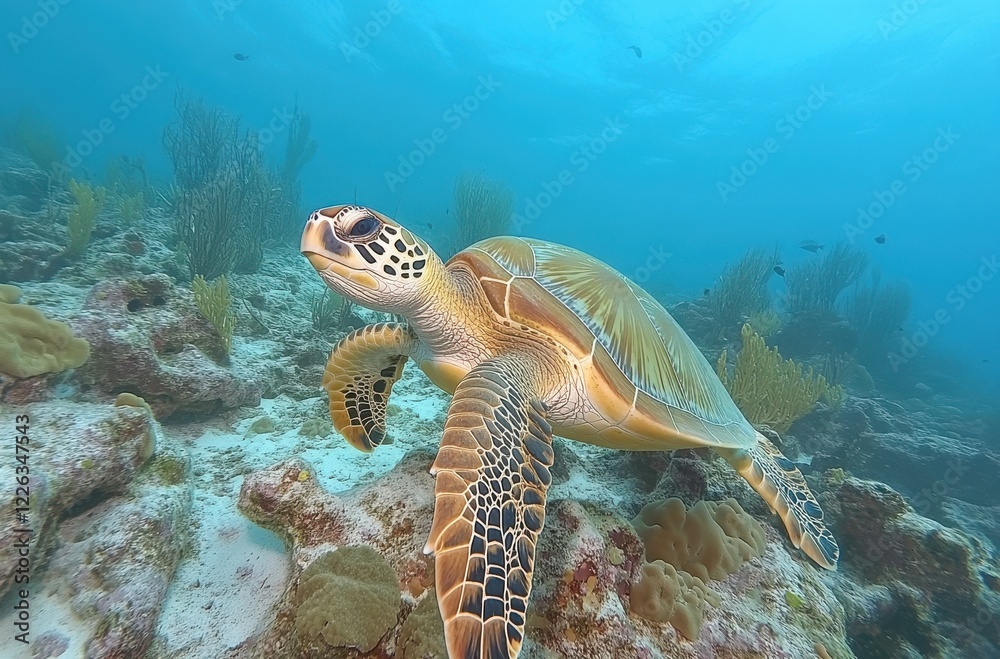 Fototapeta premium Graceful sea turtle gliding through vibrant coral reef under clear blue water, showcasing marine life and underwater beauty in tropical ocean environment