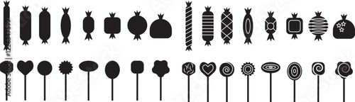 Sweets and candy icon set. Chocolate bars, caramel, toffee and lollipop on sticks, marmalade bears. Confectionery shop elements for birthday kids present cartoon flat isolated vector collection.