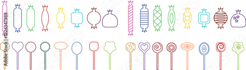 Sweets and candy icon set. Chocolate bars, caramel, toffee and lollipop on sticks, marmalade bears. Confectionery shop elements for birthday kids present cartoon flat isolated vector collection.
