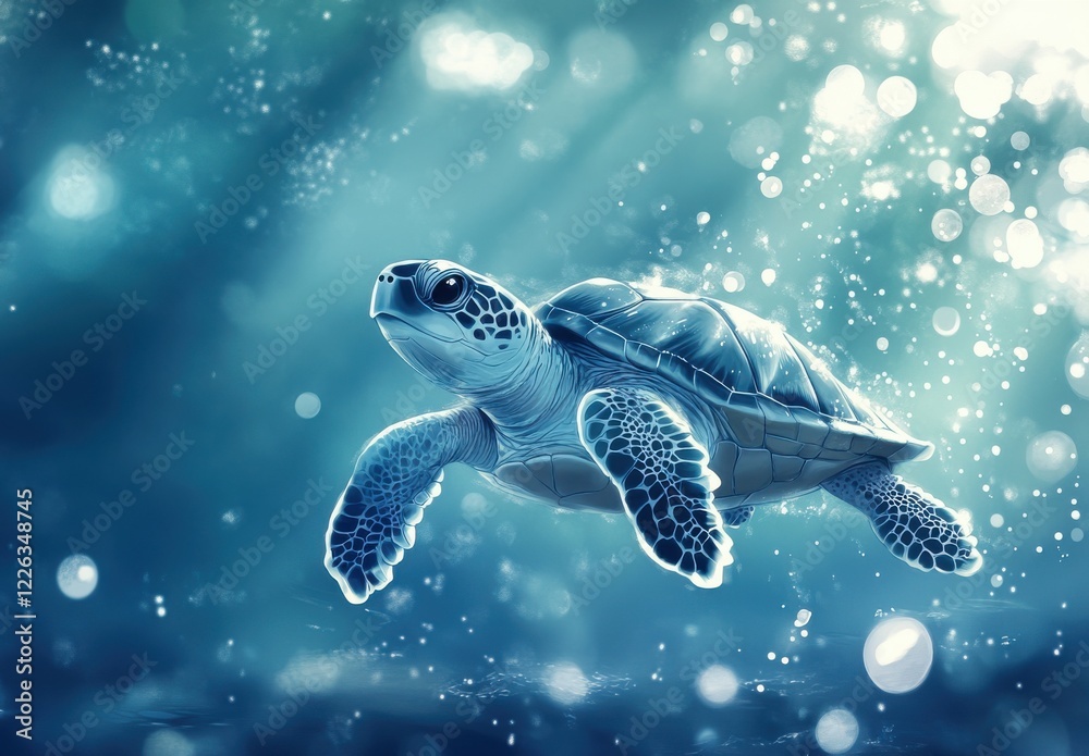 Fototapeta premium Graceful Sea Turtle Swimming in Clear Blue Waters with Sunlight Beaming Through, Creating a Beautiful Underwater Scene Full of Bubbles and Serenity
