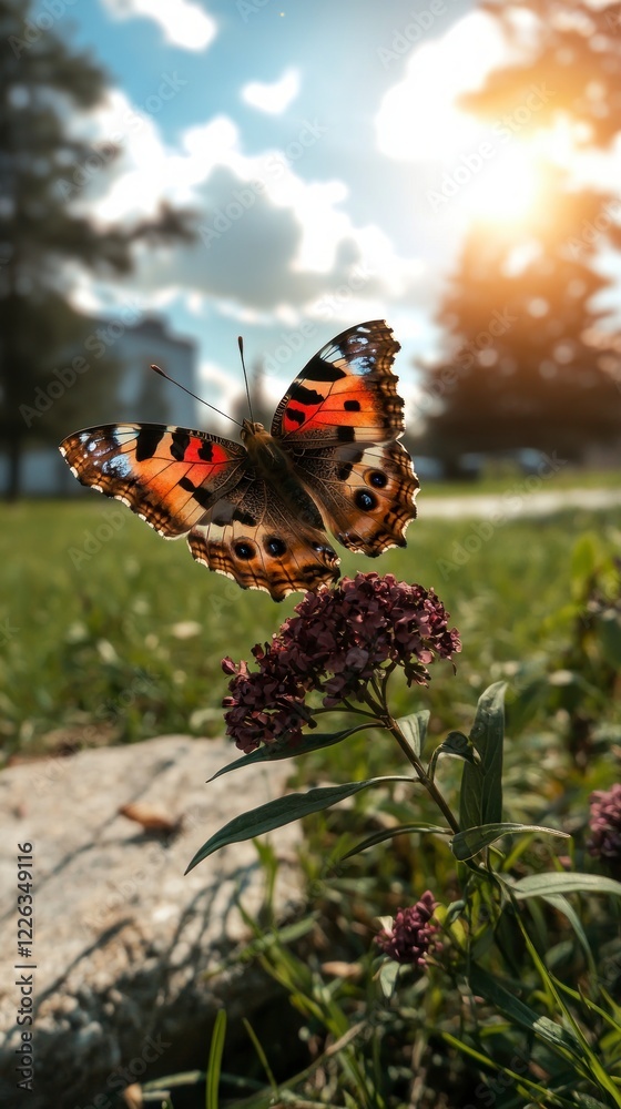 Summer Butterfly on Flower  Sunny Meadow  Nature Scene
