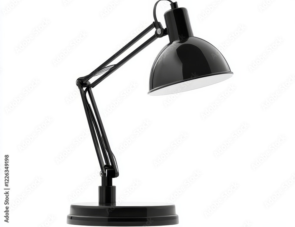 Black adjustable desk lamp with gooseneck arm and round base, isolated on white background. Black adjustable desk lamp with gooseneck arm and round base, isolated on white background.