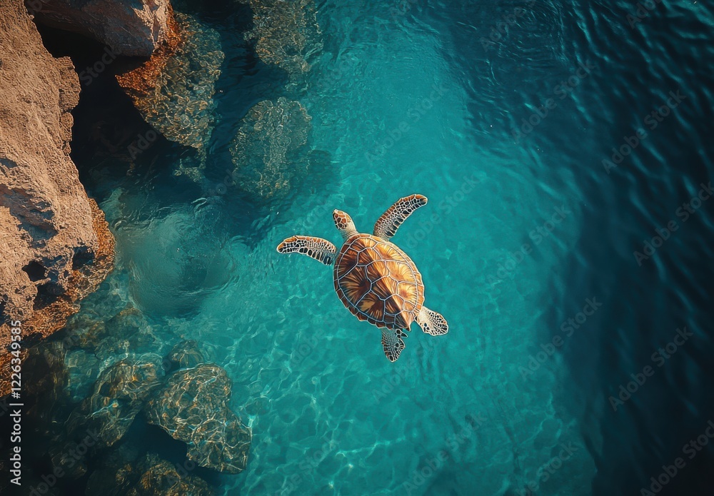 Fototapeta premium Graceful Sea Turtle Swimming in Crystal Clear Water Above Rock Formation in Serene Marine Environment