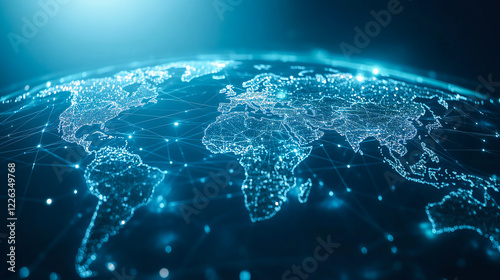 A light blue background with a digital world map and global network connections, representing the concept of international business or connectivity