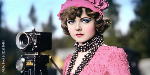 modern color photo of silent film damsel -