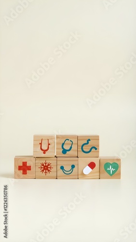 health insurance and medical care concept, wooden blocks