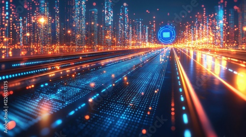 Futuristic vertical concept featuring a blue digital AI icon, data matrix patterns, and HUD technology on a sleek and immersive abstract background.